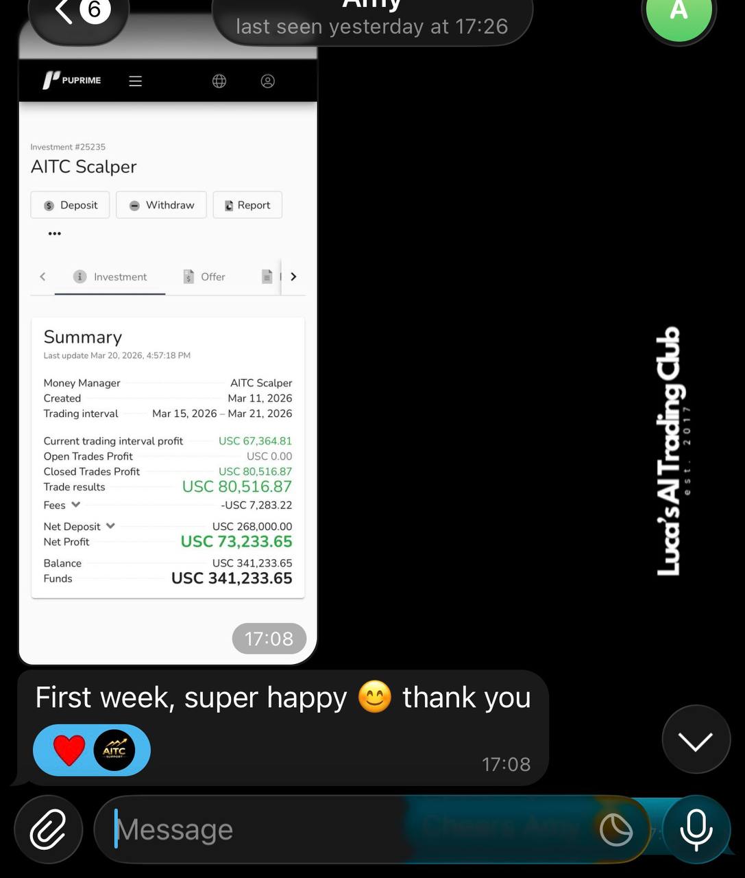 First week PAMM result showing $73,233 net profit