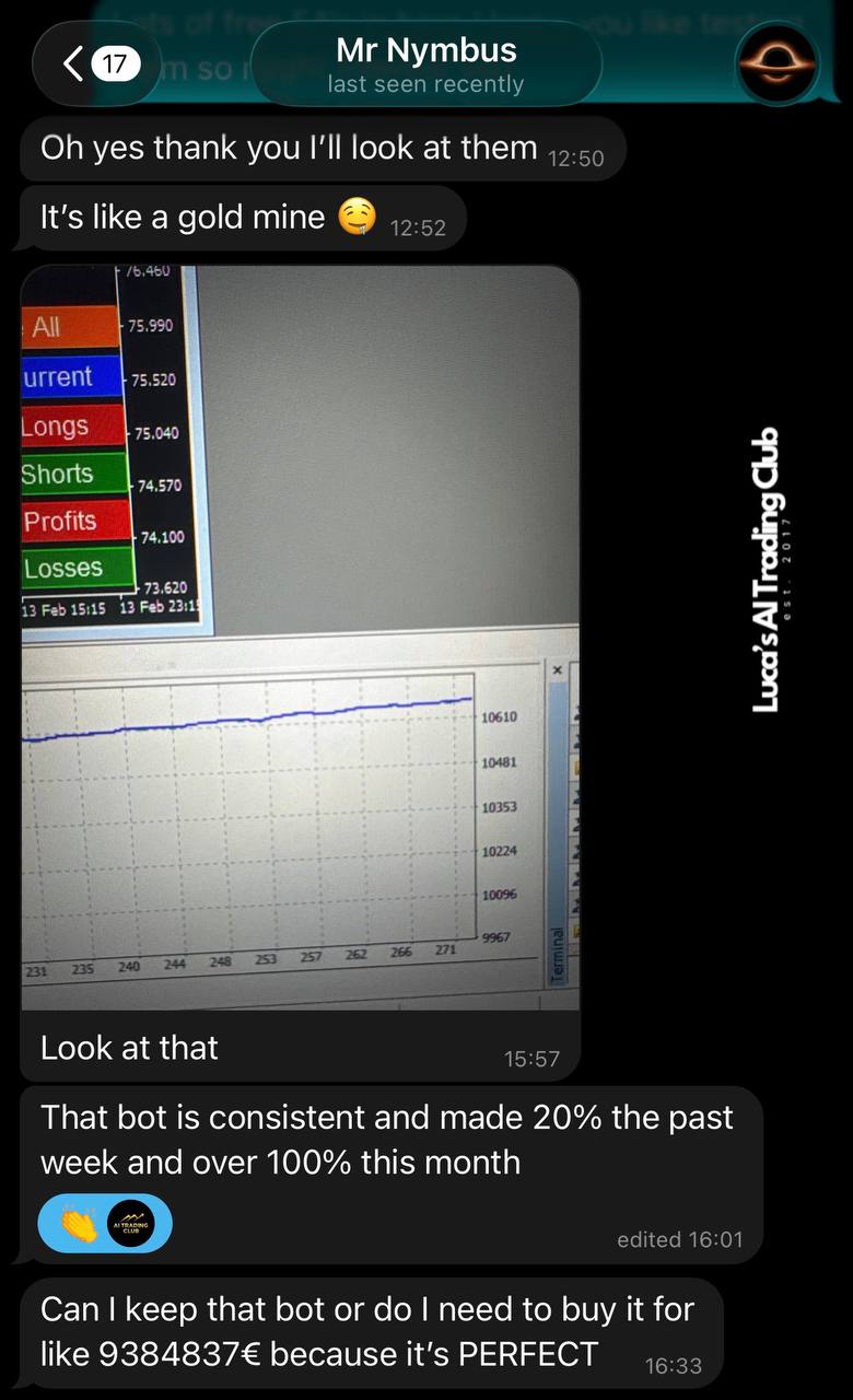 Member calling the bot a gold mine after 100% gain in a month