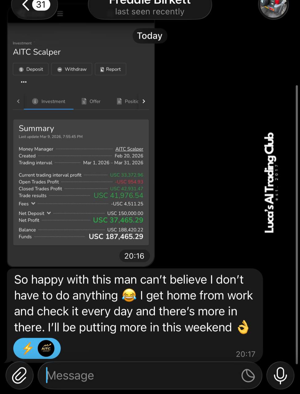 AITC Scalper PAMM showing $37,465 net profit on $150k