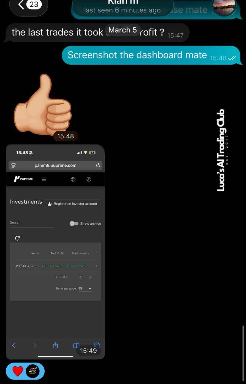 Member sharing PAMM dashboard mobile screenshot of profits
